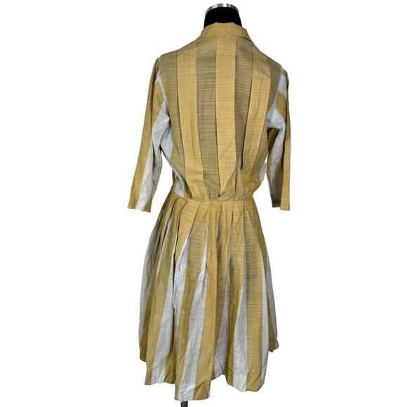Vintage 50s Donovan-Galvani Yellow Striped Shirtwaist Dress Cotton Voile As Is - Picture 2 of 16